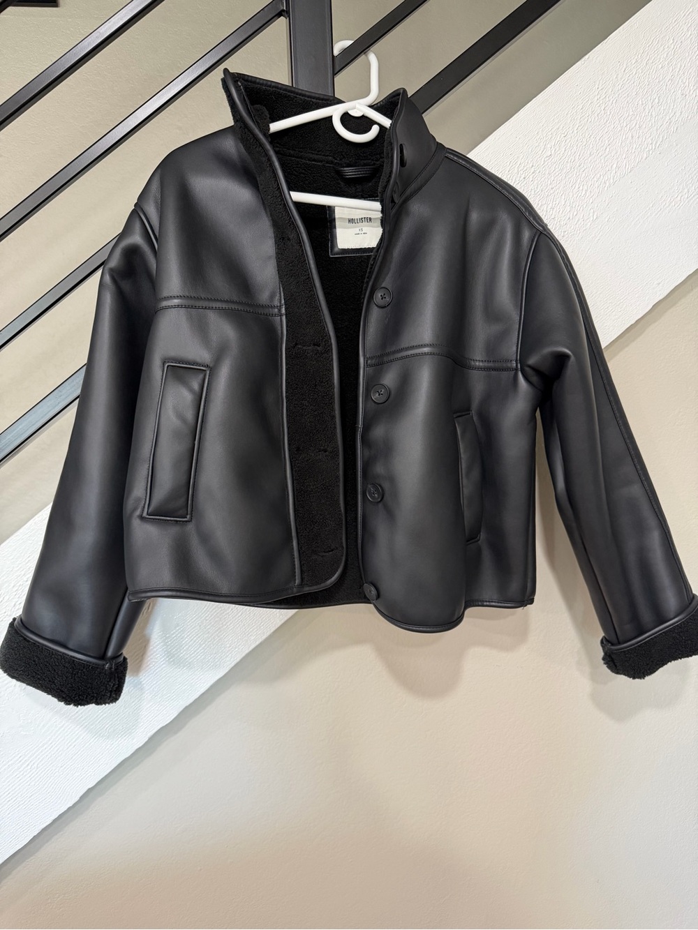 Hollister women Black Faux Leather Sherpa-Lined Pea Coat